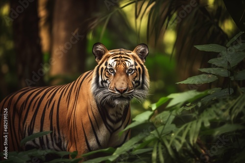 Big tiger walking in the jungle, with beautiful evening light. Wildlife scene from nature. Animal in the habitat. © evgenia_lo