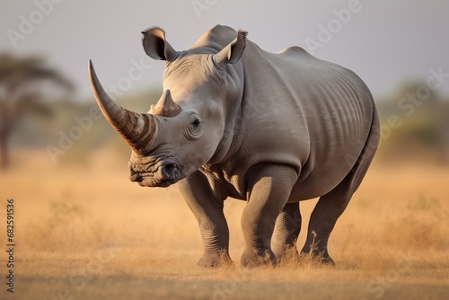 Big rhinoceros in Africa. African rhinoceros walking in the grass, with beautiful evening light. Wildlife scene from nature. Animal in the habitat. © evgenia_lo