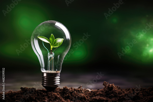 A young tree plant is growing inside a light bulb. The light bulb is on soil and a dark green background with copy space. Renewable and green energy concept