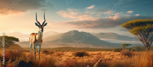 In the vast wilderness of South Africa, an explorer embarks on a thrilling safari, mesmerized by the beauty of African nature and the majestic wildlife, including antelopes, roaming freely in the