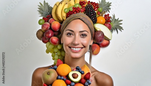 Woman made of many fruits on light white background