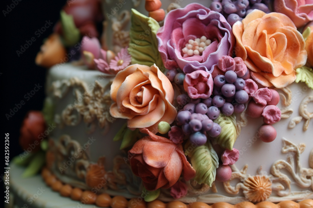 Beautiful, elegant birthday cake with flowers and candles. Generative AI.