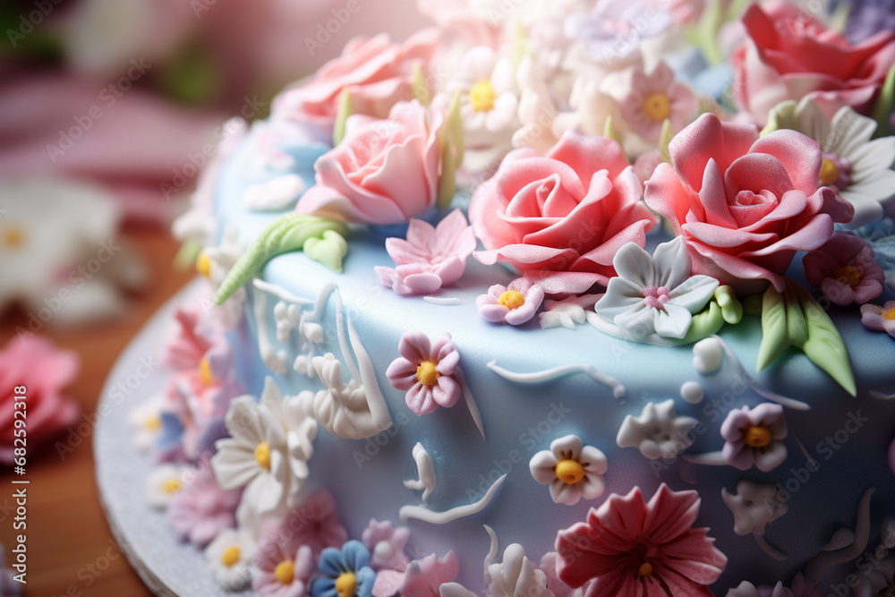 Beautiful, elegant birthday cake with flowers and candles. Generative AI. Beautiful, elegant birthday cake with flowers and candles. Generative AI.