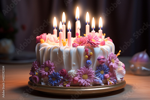 Beautiful, elegant birthday cake with flowers and candles. Generative AI.