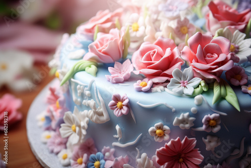Beautiful, elegant birthday cake with flowers and candles. Generative AI. © Oksana