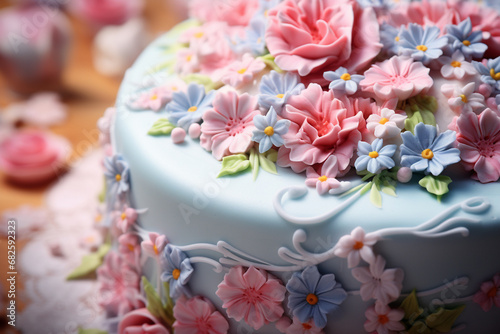 Beautiful, elegant birthday cake with flowers and candles. Generative AI.