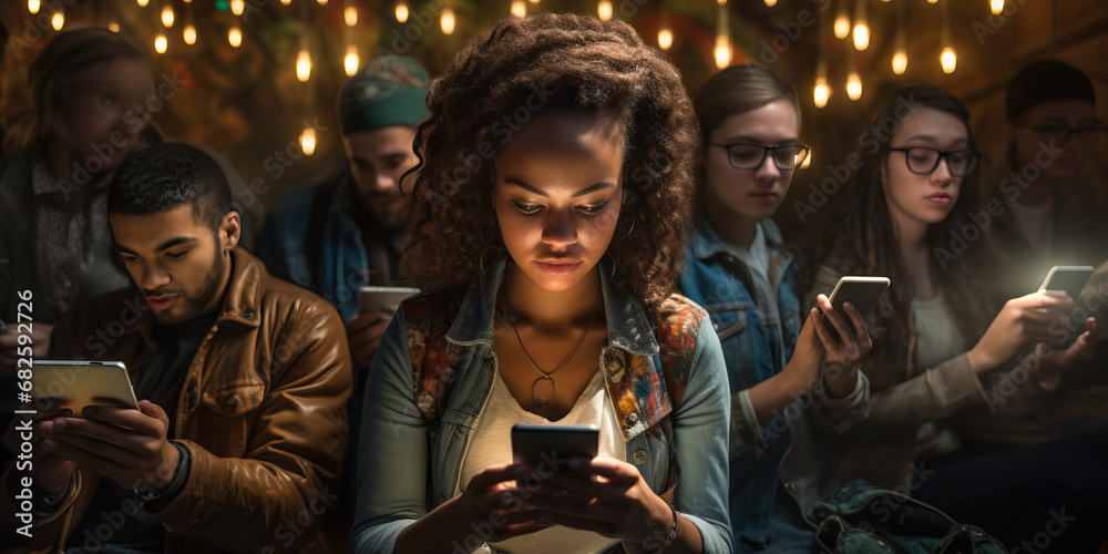 Group of people at night club looking at their phones. Diverse. Concept of Social Connectivity in Nightlife, Modern Socializing in Clubs, Digital Interaction in Nightclubs.