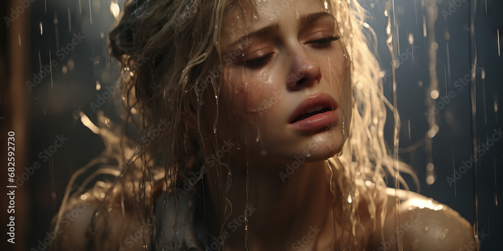 Blonde woman crying in the rain. Concept of Emotional Release, Solitude in Grief, Symbolic Rain of Sorrow, Cathartic Rainfall, Emotional Turmoil.