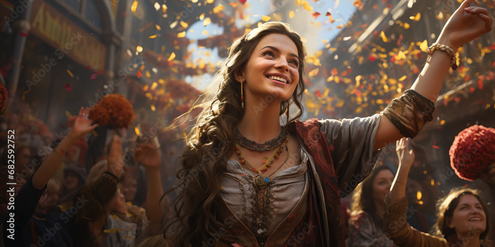 Obraz premium Woman celebrating culture in parade confetti and people shouting. Concept of Cultural Pride Festivity, Joyous Cultural Celebration, Vibrant Parade Participation, Cultural Enthusiasm in Parades.
