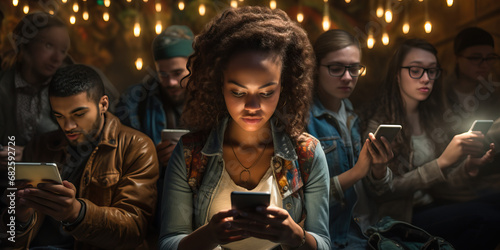 Group of people at night club looking at their phones. Diverse. Concept of Social Connectivity in Nightlife  Modern Socializing in Clubs  Digital Interaction in Nightclubs.