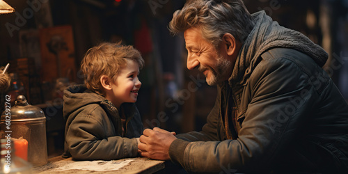 Candid moment showcasing strong emotional connection between grandfather and grandson. Concept of Generational Bond, Emotional Intimacy, Family Connection, Heartfelt Moments, Intergenerational Love.