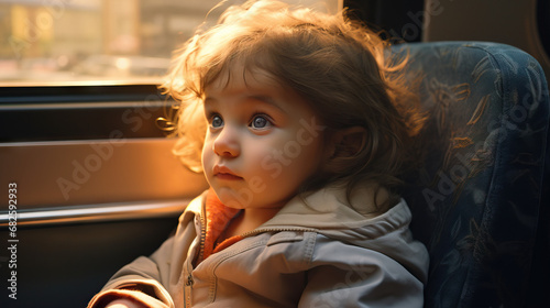Portrait of a little child girl on the bus. Concept of Tiny Explorer on the Bus, Curiosity in Transit, Commuting Through a Child's Eyes.