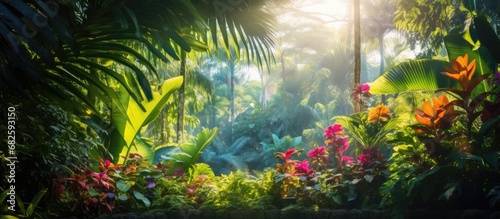 In the lush tropical forest  the vibrant green foliage of the palm trees created a stunning display of color  blending seamlessly with the natural beauty of the surrounding flora and adding texture to