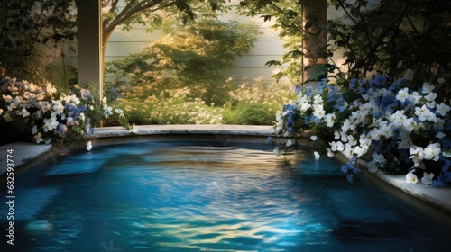 In the serene ambiance of the spa's garden, a white floral design surrounded by a circle of blue flowers created a mesmerizing splash of beauty amidst the summer blooms, as water gently trickled from