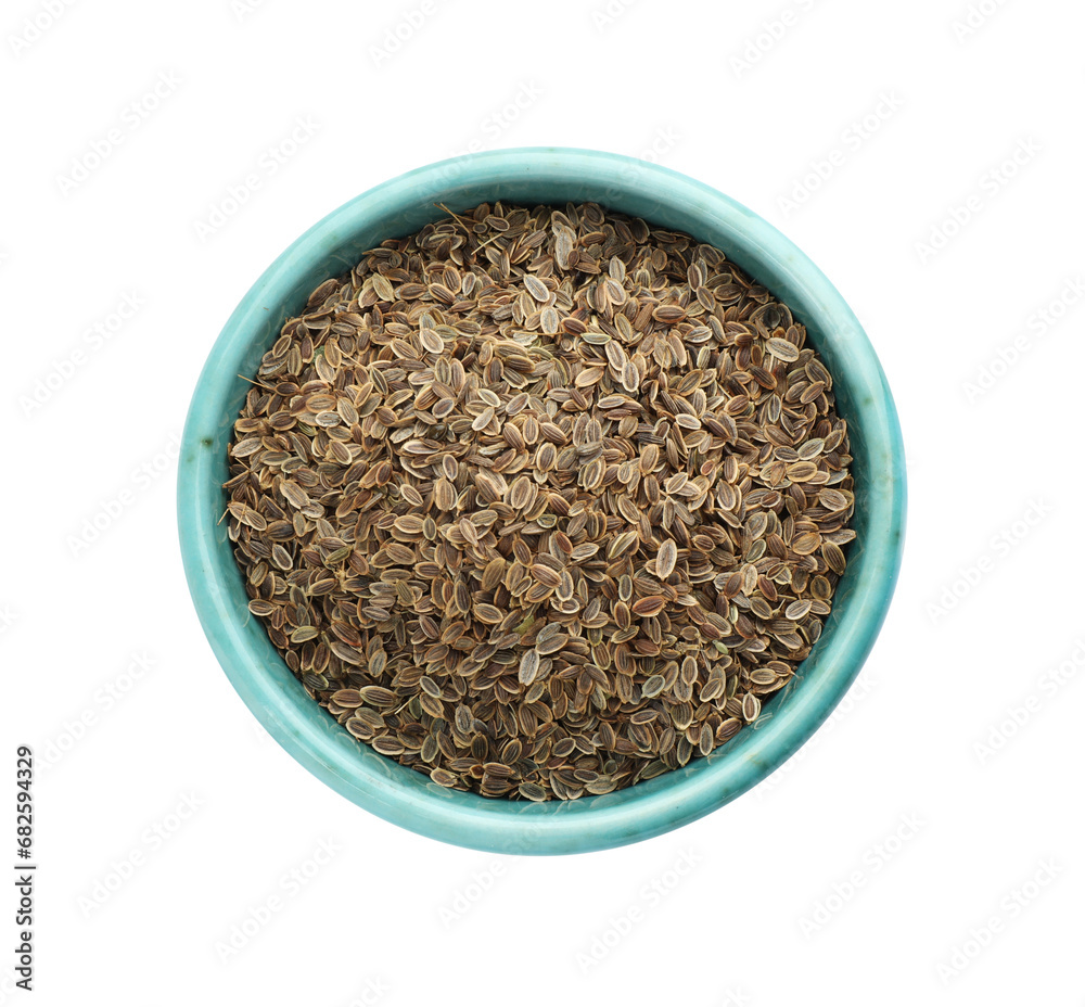 Bowl of dry dill seeds isolated on white, top view Bowl of dry dill seeds isolated on white, top view