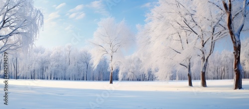 In the winter landscape, the forest stands adorned with a white coat of snow and frost, creating a beautiful sight under the blue sky and icy branches of the trees. The park transforms into a frozen