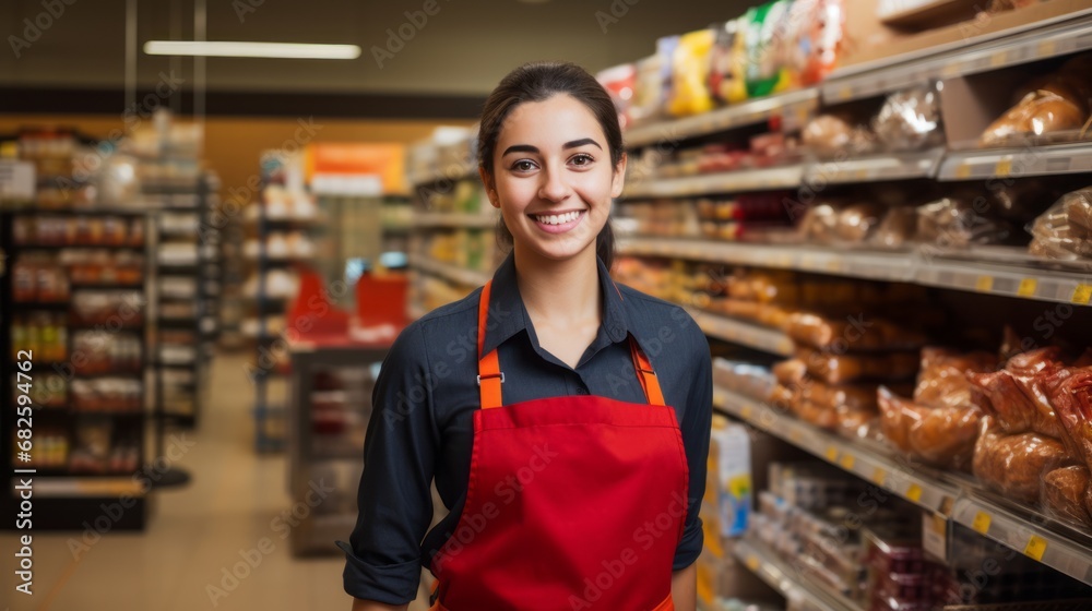 Smiling young female supermarket worker looking at the camera