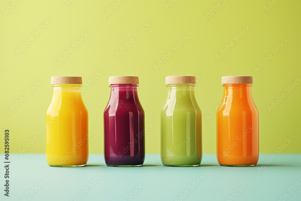 Colourful healthy smoothies and juices in bottles on color background with copy space Colourful healthy smoothies and juices in bottles on color background with copy space