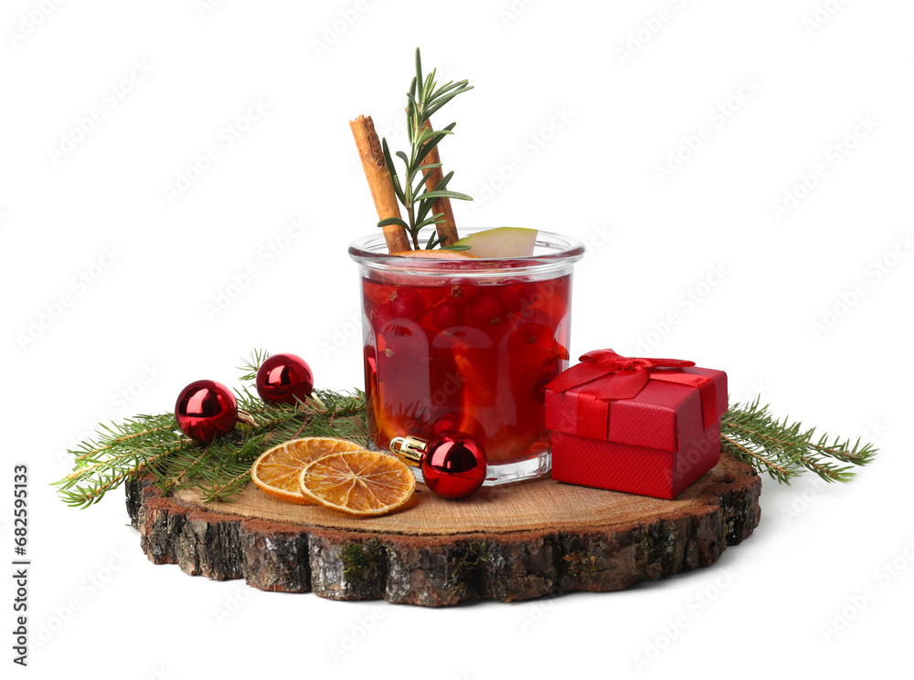 Aromatic Christmas Sangria in glass, gift box and festive decor isolated on white