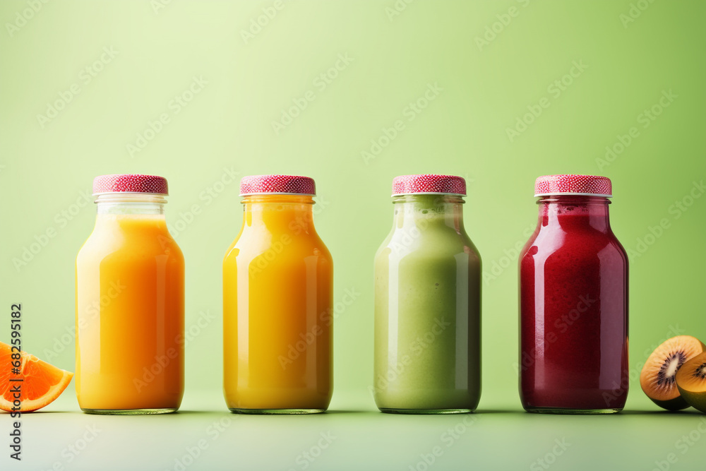 Colourful healthy smoothies and juices in bottles on color background with copy space Colourful healthy smoothies and juices in bottles on color background with copy space