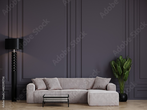 Livingroom in gray and black, blueis colors. Mockup empty trend decorative wall in classic room interior. Design in minimal style. Office, hotel or home lounge hall. Rich sofa with pillows. 3d render  photo