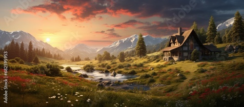 In the glorious summer sunrise, a majestic old house nestled in the vibrant forest, surrounded by the lush green landscape of Europe, revealing the beauty of nature's architecture against the backdrop