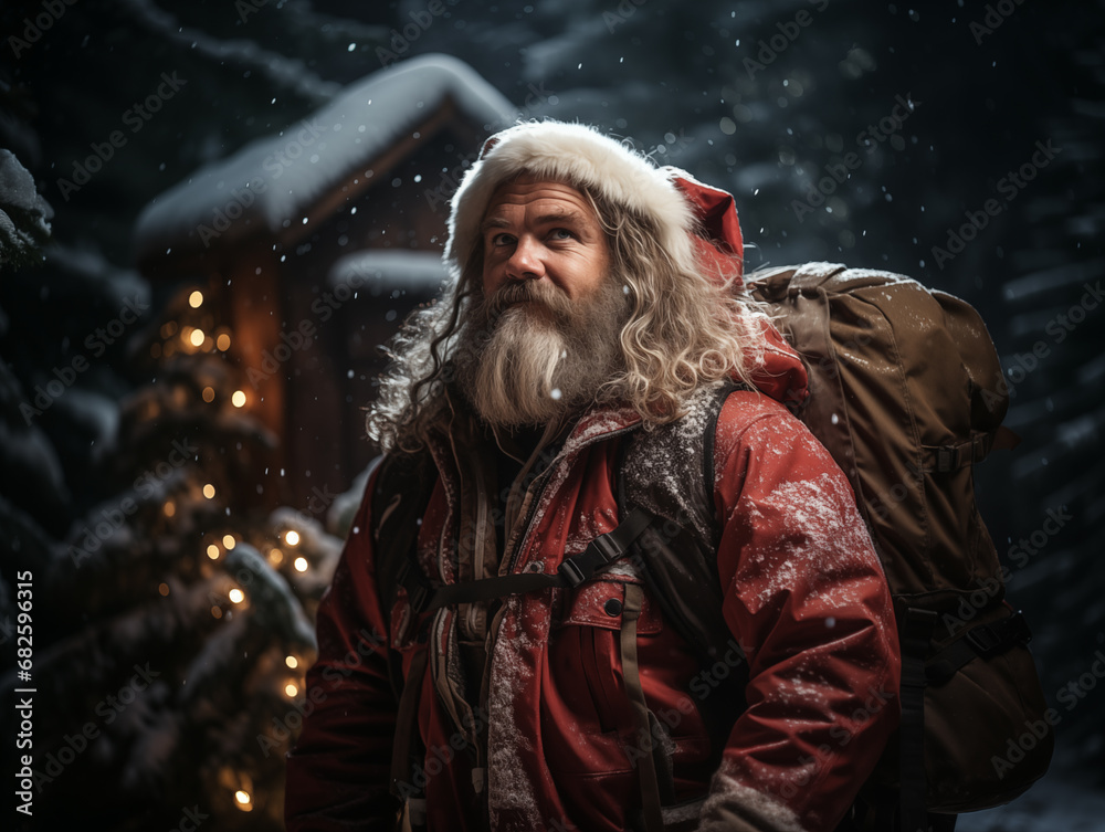Santa Claus at night with a backpack in Christmas Eve Santa Claus at night with a backpack in Christmas Eve