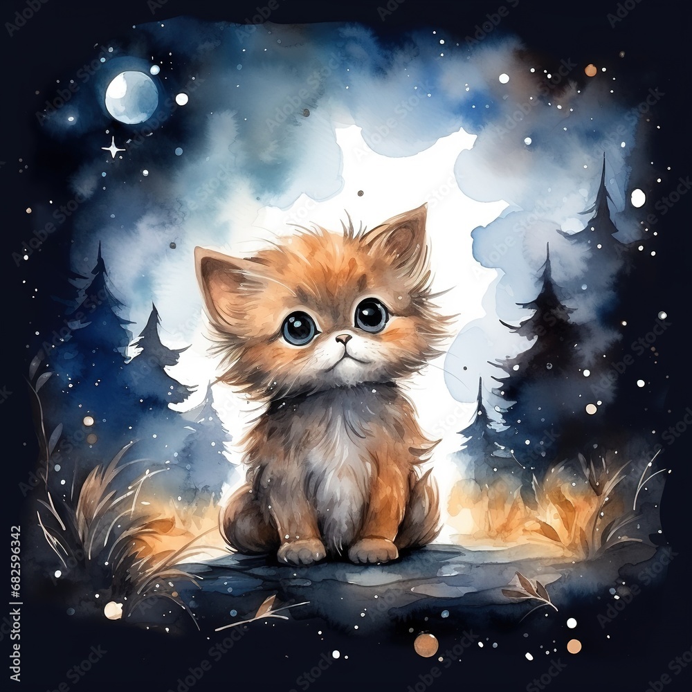 Cute watercolor cat night sky painting with generative ai