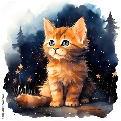 Cute watercolor cat night sky painting with generative ai