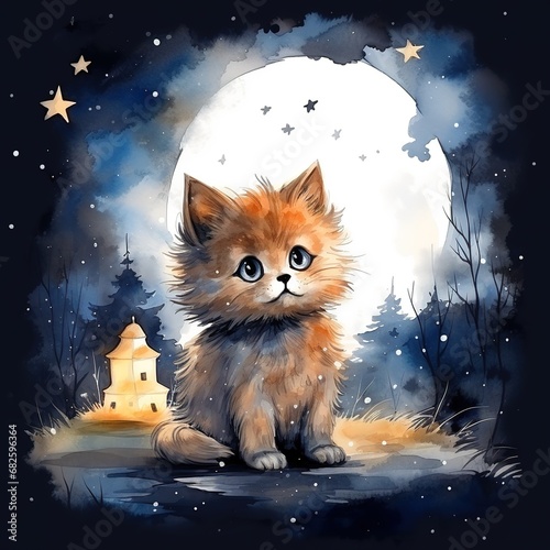 Cute watercolor cat night sky painting with generative ai