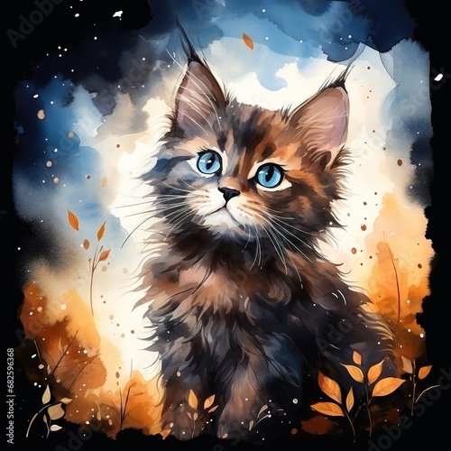 Cute watercolor cat night sky painting with generative ai