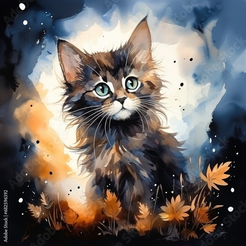 Cute watercolor cat night sky painting with generative ai