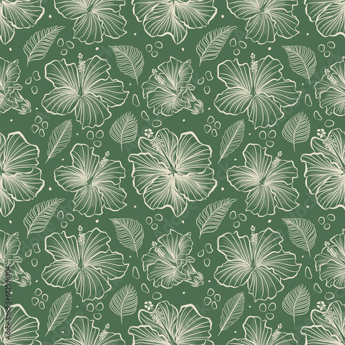 Spring hibiscus outline pattern on green background