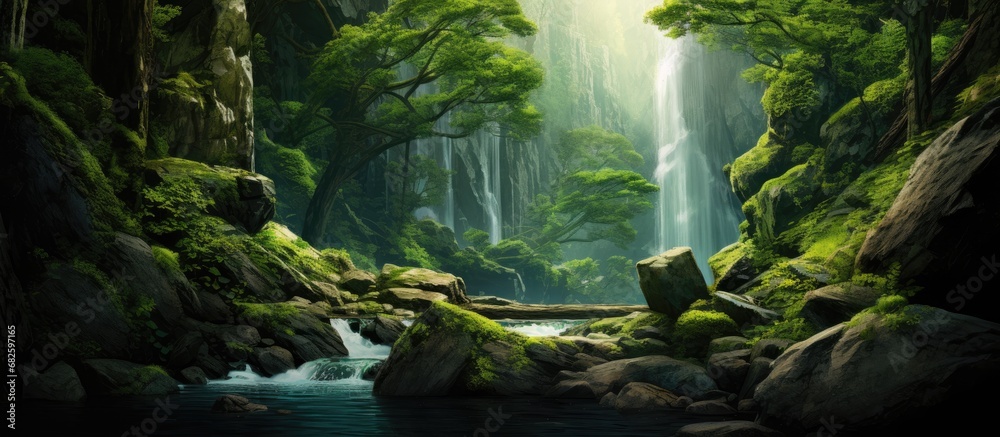In the green leafy forest of the mountains, a waterfall cascades down the stone, creating a beautiful natural landscape that captivates all who travel there in the summer, revealing the beauty of In the green leafy forest of the mountains, a waterfall cascades down the stone, creating a beautiful natural landscape that captivates all who travel there in the summer, revealing the beauty of