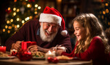 Smiling grandfather in santa hat giving wrapped christmas present to his granddaughter during holiday dinner at home. Christmas gift exchange