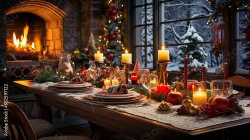 Christmas table setting with candles and decor in a cozy festive dining room with tree and fireplace. Generative AI © Тарас Рощук