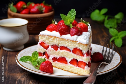 Photo delicious and sweet cake with strawberries and baiser on a plate , copy space, generative ai