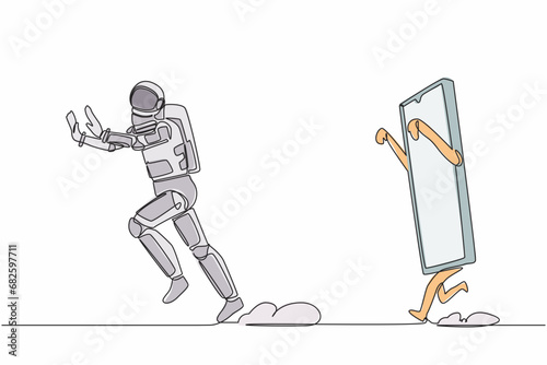 Single one line drawing young astronaut being chased by smartphone. Afraid to talk with spaceman in other universe. Cosmic galaxy space concept. Continuous line draw graphic design vector illustration