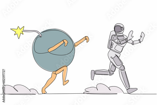 Continuous one line drawing young astronaut being chased by bomb. Afraid with galactic destruction. Future spaceship technology. Cosmonaut outer space. Single line graphic design vector illustration