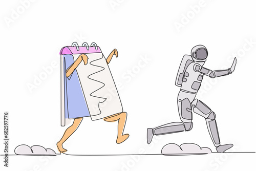 Single continuous line drawing young astronaut being chased by calendar. Afraid with spaceship exploration project schedule deadline. Cosmonaut deep space. One line graphic design vector illustration