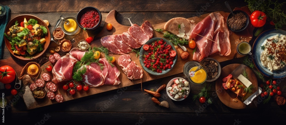 From a top view, a colorful, modern barbecue party unfolds, showcasing a delicious spread of smoked pork loin, bacon, and grilled goodies, satisfying both nutrition and appetite with its mouthwatering