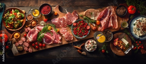 From a top view, a colorful, modern barbecue party unfolds, showcasing a delicious spread of smoked pork loin, bacon, and grilled goodies, satisfying both nutrition and appetite with its mouthwatering photo