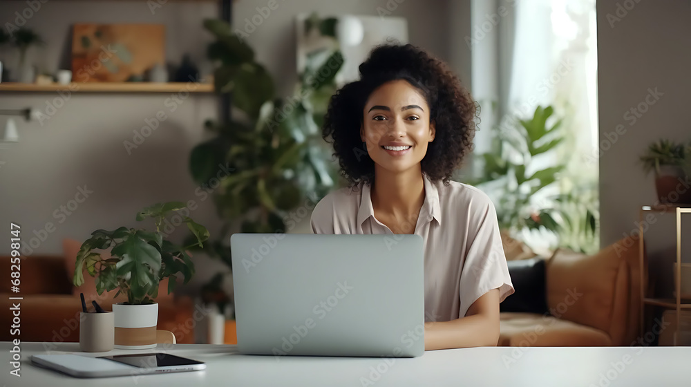 Young person smileing at camera working with laptop at home. Confident ethnic female sitting on living room table using computer Young person smileing at camera working with laptop at home. Confident ethnic female sitting on living room table using computer