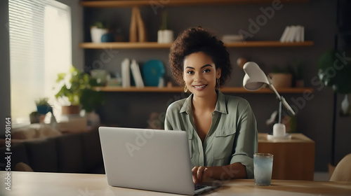 Young person smileing at camera working with laptop at home. Confident ethnic female sitting on living room table using computer