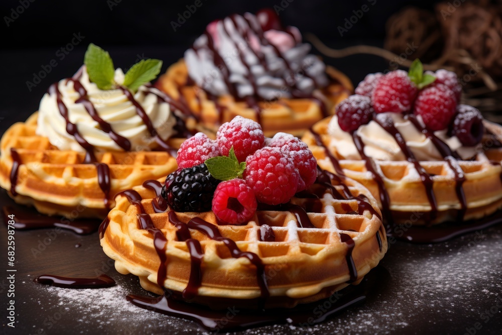 Photo front view yummy waffle cakes, copy space, generative ai Photo front view yummy waffle cakes, copy space, generative ai