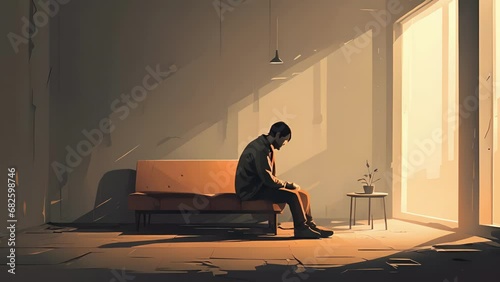 Minimal flat motion of a person sitting alone in a drab and lifeless room, portraying the emptiness and numbness that can come with excessive substance 2D cartoon animation. . photo