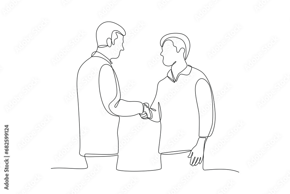 One continuous line drawing of Business people shaking hands. Agreement, trust, cooperation concept. Doodle vector illustration in simple linear style.