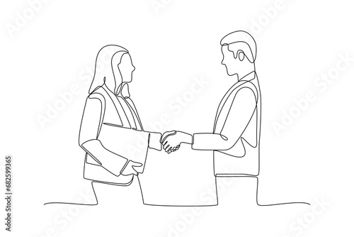 One continuous line drawing of Business people shaking hands. Agreement, trust, cooperation concept. Doodle vector illustration in simple linear style.