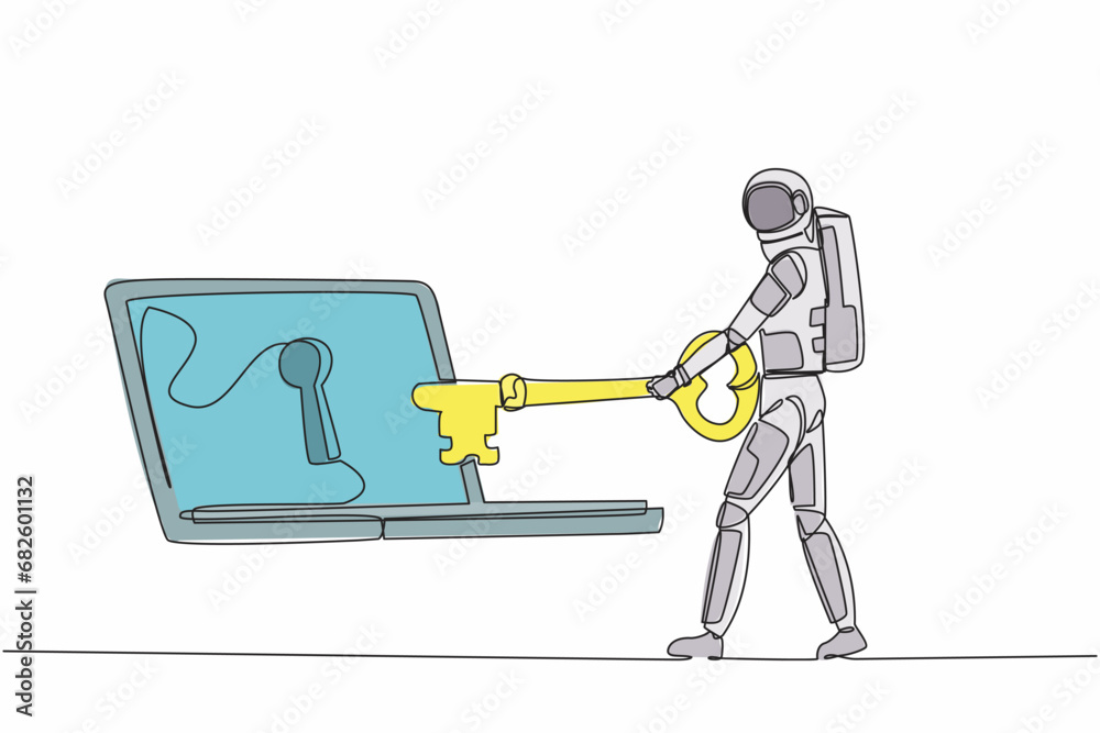 Obraz premium Single one line drawing astronaut putting key into laptop. Protection internet spaceship encryption, access to encrypted data. Cosmic galaxy space. Continuous line graphic design vector illustration