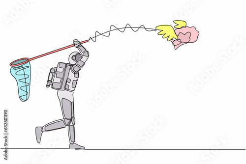Single one line drawing astronaut try to catch flying brain with butterfly net. Genius idea from spaceman for spaceship expedition. Cosmic galaxy space. Continuous line draw design vector illustration